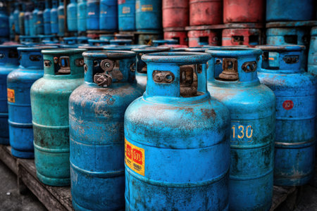 Stacked blue gas cylinders in a storage area, highlighting their worn textures and industrial setting, creating a sense of utility and functionalityの素材