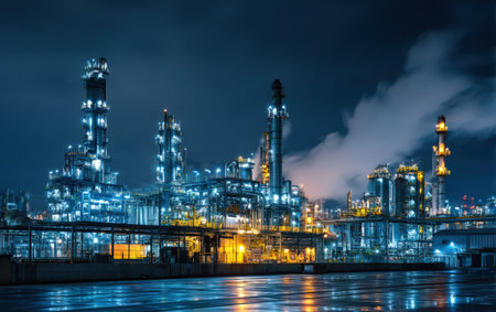Nighttime view of an industrial facility, featuring illuminated structures and smoke, reflecting on wet ground, creating a vibrant urban scene filled with energy and innovationの素材