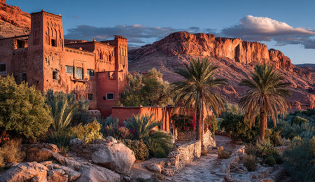 Scenic desert view showcasing traditional buildings surrounded by palm trees, rocky cliffs, and a winding path, creating a tranquil atmosphere in the golden light of sunsetの素材