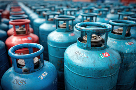 Blue and red gas cylinders are stacked closely in a storage area, highlighting industrial equipment and the importance of energy supply and safety in commercial settingsの素材