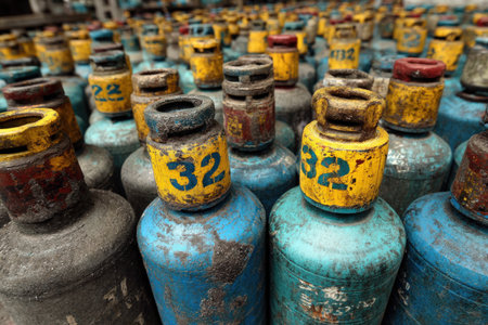 Close-up view of numerous aged gas cylinders, featuring worn blue and yellow paint, arranged tightly, emphasizing industrial storage and the effects of time on materialsの素材