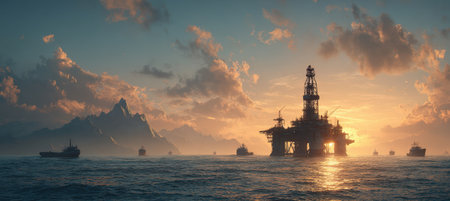 Silhouette of an oil rig at sunset, surrounded by serene waters and majestic mountains, evoking a blend of nature and industry in a tranquil atmosphereの素材