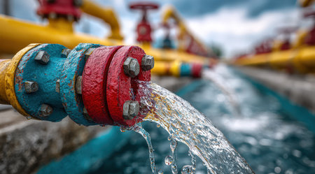Industrial pipe with vibrant colors is releasing water, surrounded by yellow pipes and a cloudy sky, illustrating the dynamics of water flow and infrastructureの素材
