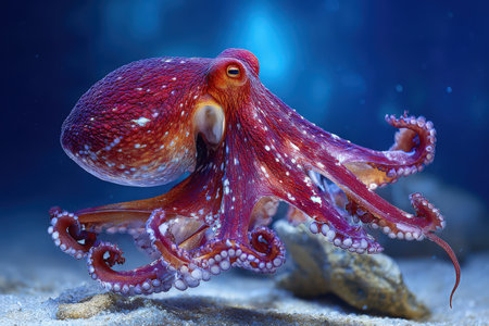 Colorful octopus is swimming in clear blue water, displaying its vibrant red and white patterns, surrounded by rocks and marine life, creating an underwater sceneの素材