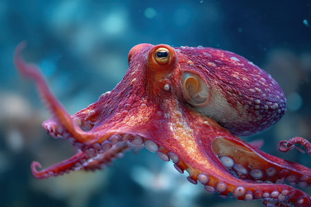 Colorful octopus is swimming gracefully underwater, displaying its vibrant tentacles and unique textures in a lively marine habitat filled with aquatic lifeの素材