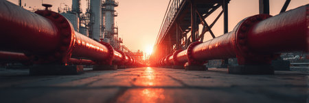 Red industrial pipes stretch towards the horizon at sunset, with silhouettes of machinery and structures creating a striking visual contrast in this industrial sceneの素材