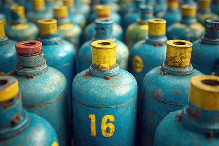 Close-up view of blue gas cylinders with yellow tops, arranged in a storage area, emphasizing their industrial design and safety features for various applicationsの素材