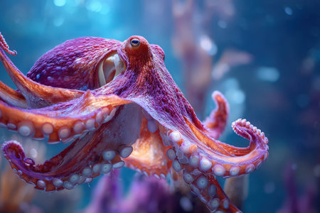 Colorful octopus gliding through clear water, surrounded by vibrant marine flora, demonstrating the elegance of underwater life and the diversity of ocean ecosystemsの素材
