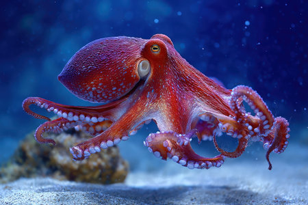 Red octopus is swimming in clear ocean waters, displaying its unique tentacles and fluid motion, creating a captivating underwater scene filled with tranquilityの素材