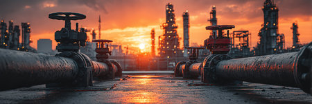 Pipes and valves dominate the foreground, illuminated by a vibrant sunset, while oil refinery silhouettes create a dramatic industrial scene filled with energy and activityの素材
