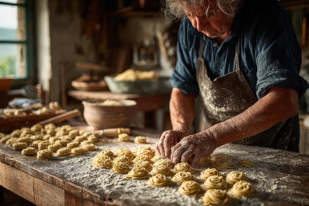 Senior male chef is crafting pasta in rustic kitchen, with flour-dusted table and various cooking utensils, highlighting traditional culinary techniques and artistryの素材