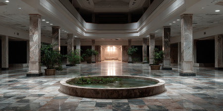 Spacious indoor area showcases polished marble flooring, decorative columns, and a tranquil water fountain, complemented by vibrant plants, enhancing the peaceful ambianceの素材