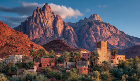 Dramatic mountains tower over a colorful village surrounded by greenery, highlighting the harmony between nature and human habitation in a picturesque settingの素材