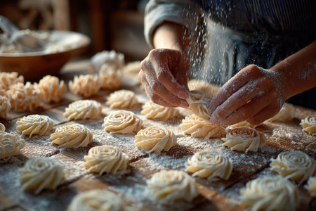 Baker is meticulously crafting pastry flowers on a wooden table, surrounded by flour and kitchen tools, showcasing the artistry of baking in a cozy atmosphereの素材