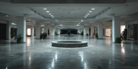 Expansive shopping mall features polished marble flooring, soft lighting, and a central fountain with plants, offering a calm and inviting shopping experienceの素材