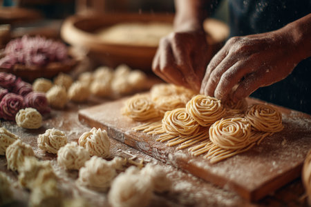 Culinary artist skillfully shapes fresh pasta into beautiful rose designs on a wooden board, surrounded by colorful dough and flour, highlighting traditional cooking techniquesの素材