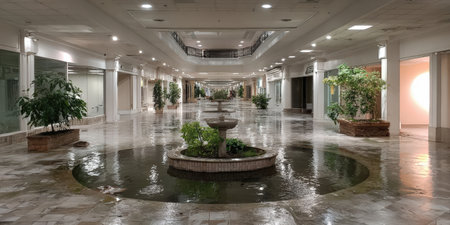Interior of an abandoned shopping mall with a central fountain and greenery, showcasing wet floors and empty storefronts, evoking a sense of nostalgia and mysteryの素材
