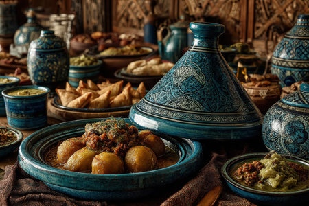 Traditional Moroccan dishes arranged on a wooden table, showcasing tagine, samosas, and vibrant colors, creating a warm and inviting culinary experienceの素材