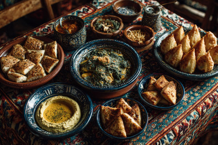 A colorful array of Middle Eastern dishes including hummus, pastries, and stews displayed on a decorative tablecloth, highlighting the richness of culinary traditions and flavorsの素材