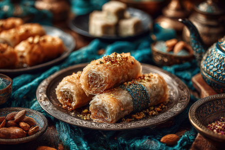 A beautiful display of traditional pastries on decorative plates, showcasing rolled sweets garnished with nuts, set against vibrant textiles and an elegant tea setの素材
