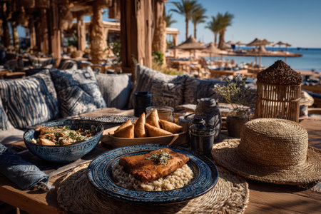 Beautifully arranged fish dish with rice, alongside appetizers and drinks, in a cozy outdoor dining space featuring palm trees and a stunning beach backdropの素材