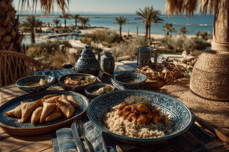 Moroccan cuisine displayed on a rustic table with blue pottery, featuring couscous, pastries, and herbs, with a beautiful beach and palm trees in the backgroundの素材