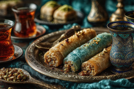 Traditional pastries displayed on an ornate platter, featuring flaky layers and nuts, accompanied by tea in decorative glassware, creating a rich cultural ambianceの素材