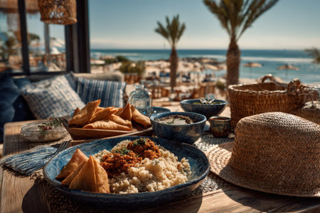 Colorful couscous dish with toppings and pastries, beautifully arranged on a table, overlooking a serene beach with palm trees and a bright skyの素材