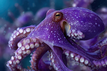 Purple octopus gliding through clear ocean waters, displaying its detailed tentacles and textures, creating a captivating underwater scene filled with tranquilityの素材