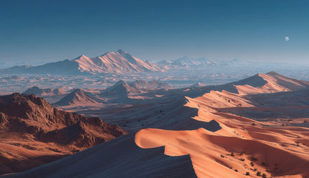 Vast desert scene featuring undulating sand dunes and majestic mountains in the background, illuminated by sunlight, creating a tranquil and picturesque environmentの素材