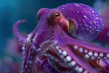 Colorful octopus is swimming in clear water, displaying unique textures and patterns, surrounded by a tranquil underwater scene, emphasizing marine ecosystem richnessの素材