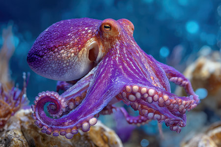 Colorful octopus gliding through crystal-clear ocean waters, displaying its beautiful tentacles and textures, surrounded by marine life and underwater sceneryの素材