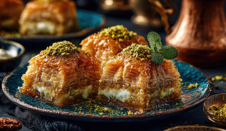 Baklava dessert features layers of flaky pastry filled with nuts and sweet syrup, garnished with mint leaves on a decorative plate, highlighting exquisite flavorsの素材