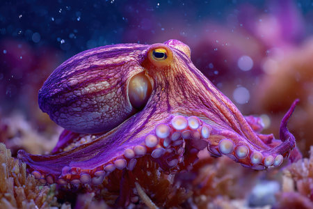 Colorful octopus is swimming through coral reefs, displaying its unique patterns and textures, while surrounded by a rich underwater ecosystem filled with lifeの素材