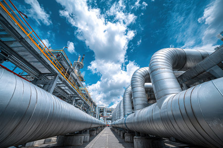 Modern industrial facility featuring large metallic pipes and machinery, highlighting advanced engineering and design elements under a vibrant blue sky with cloudsの素材