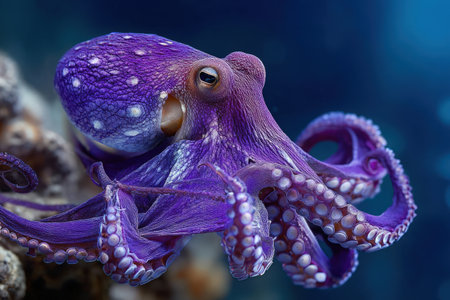 Colorful octopus swimming in clear ocean water, displaying unique skin textures and patterns, with coral and marine life enhancing the vibrant underwater atmosphereの素材