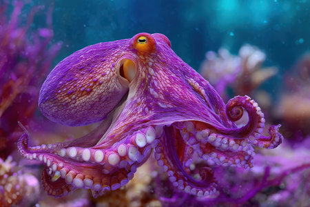 Purple octopus gliding through coral reef, displaying its tentacles and textures, amidst vibrant marine life, creating a captivating underwater scene filled with color and movementの素材