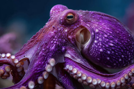 Close-up of a purple octopus, displaying its detailed textures and tentacles in an underwater setting, emphasizing the beauty of marine life and its vibrant colorsの素材