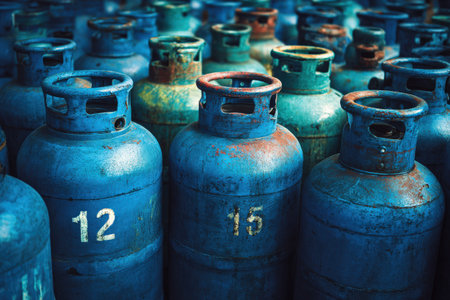 Stacked blue gas cylinders display different sizes and textures, emphasizing industrial storage and energy supply, creating a visually striking and organized sceneの素材