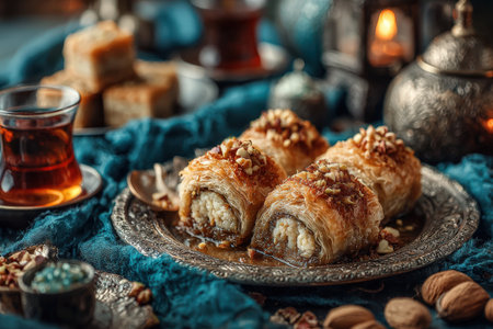 Baklava dessert displayed on a silver platter, garnished with nuts, alongside traditional tea and decorative lanterns, evoking a cozy, festive ambianceの素材