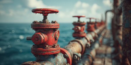 Detailed view of aged industrial valves on a pipeline, highlighting rust and texture against serene ocean waters and clear skies, illustrating maritime infrastructureの素材