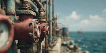 Detailed close-up of aged red valves and pipes on marine platform, highlighting industrial design with ocean and clouds in the background creating a serene atmosphereの素材