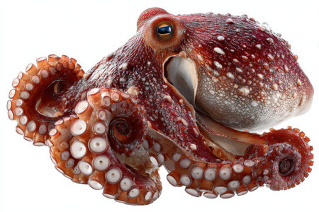 Vibrant octopus with striking colors and textures is swimming in clear ocean waters, highlighting its unique patterns and the beauty of underwater marine lifeの素材