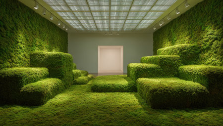 Serene art gallery with lush green moss-covered walls, creating a tranquil environment filled with natural textures, inviting visitors to relax and reflectの素材