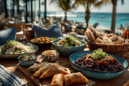 Vibrant spread of various dishes featuring salads, pastries, and grains, elegantly presented on a wooden table with a stunning beach backdrop, inviting culinary explorationの素材