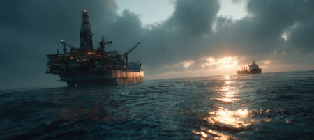Offshore oil rig stands tall against a vibrant sunset, reflecting on the water, with another ship nearby, highlighting the energy industry and maritime operationsの素材