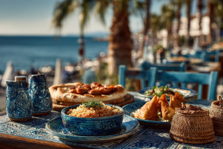 Table adorned with traditional cuisine, including rice, pastries, and pottery, set against a beautiful seaside backdrop, creating a delightful dining experienceの素材