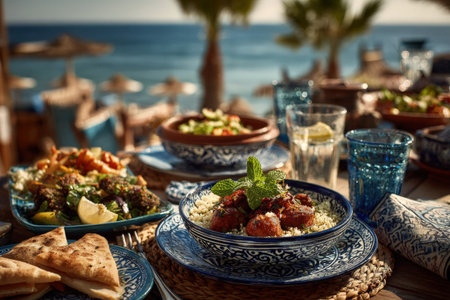 Mediterranean cuisine displayed on a rustic table by the beach, featuring colorful dishes, fresh ingredients, and refreshing drinks, inviting a lively dining experienceの素材