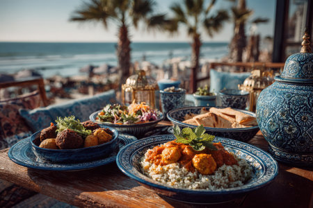 Outdoor dining setup showcases colorful traditional dishes on ornate plates, surrounded by palm trees and ocean view, creating a delightful culinary experienceの素材