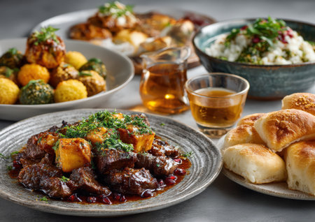 Traditional cuisine beautifully arranged with savory meat, colorful vegetable balls, aromatic rice, and freshly baked bread, highlighting rich textures and flavorsの素材